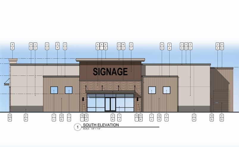A color elevation of one store at the Legacy on Porter retail development. [Legacy Development Partners]