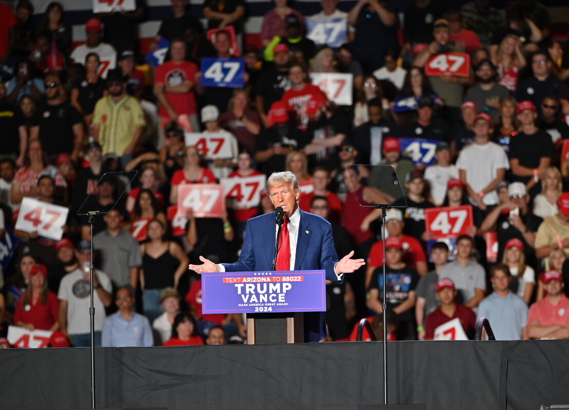 Former President Donald J. Trump speaks to a packed house at Mullet Arena in Tempe Oct. 24, likely his last Arizona rally before the historic 2024 presidential election Nov. 5. [Bryan Mordt]