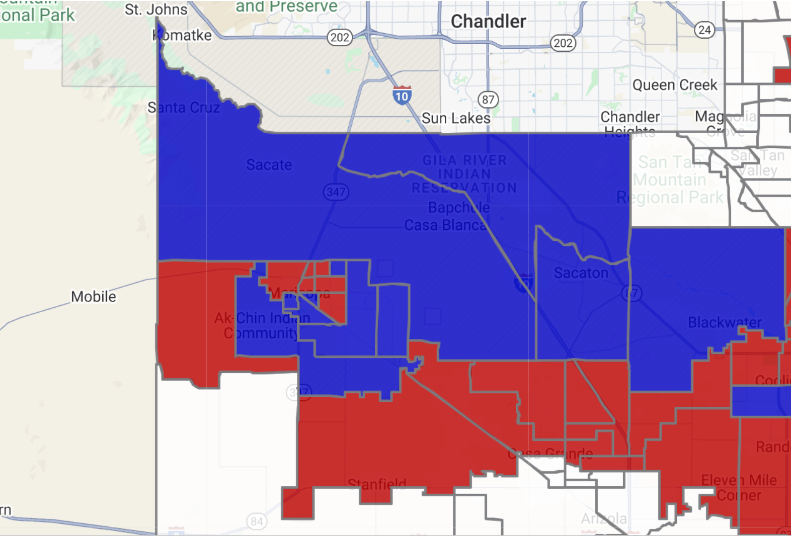 A screenshot from the Pinal County elections page shows which precincts supported Rep. Eli Crane in red and those that supported Nez in blue on Nov. 6, 2024. [Pinal County]