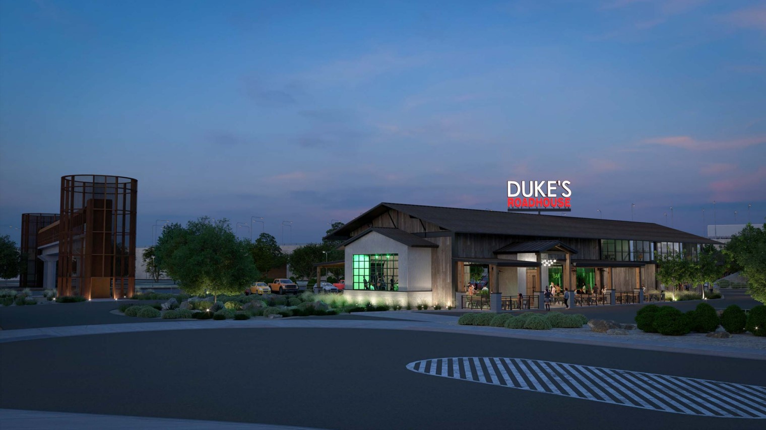 A rendering from July 1 shows the proposed front view of Duke's Roadhouse at dusk. [Courtesy of City of Maricopa]