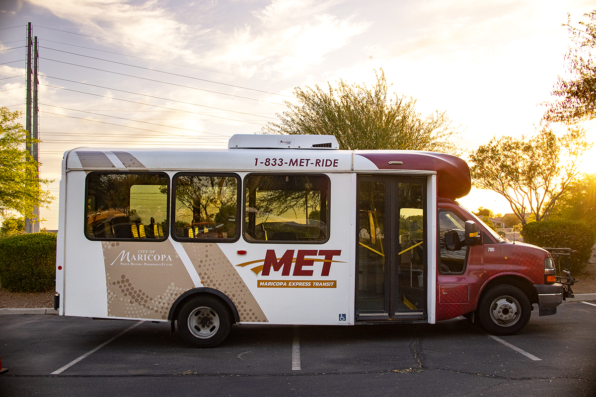 A Maricopa Express Transit bus sits near the Maricopa Library and Cultural Center on June 10, 2024. [Monica D. Spencer]