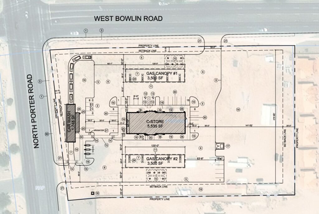 A screenshot of a preliminary site plan for a proposed Terrible's convenience store and gas station on the southeast corner of Porter and Bowlin Roads. [City of Maricopa]