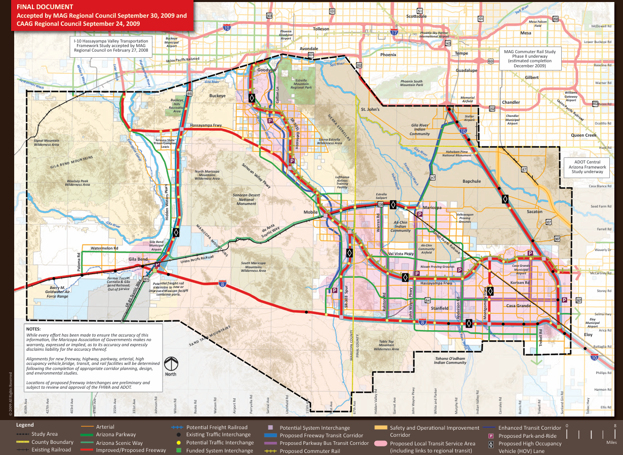 This map shows the study boundaries of the I-8 & I-10 Hidden Valley Roadway Framework Study from 2009. [Maricopa Association of Governments]