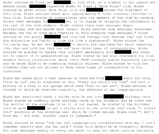 A snippet of the police report detailing an interview with Blake Young. [Maricopa Police]