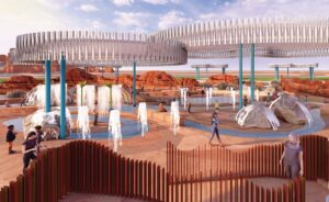 A conceptual rendering of covered splashpads surrounded by rock monuments emulating Sedona's red rocks at Park 48 near City Hall. [J2 Designs]