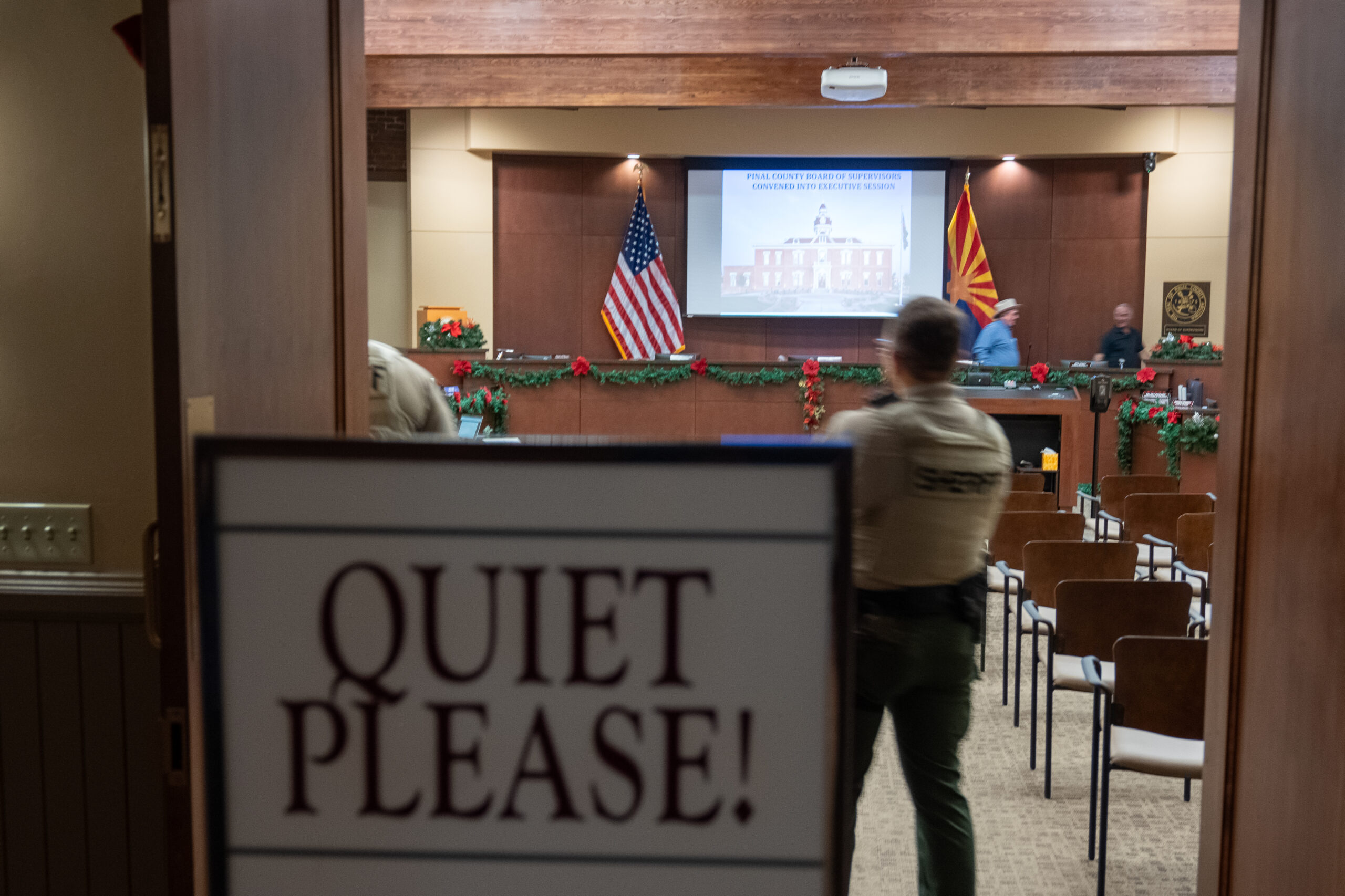Pinal County Board of Supervisors leave the dais to discuss the County Attorney's office agreement that allows them to act as an arm of federal Immigration, Customs and Enforcement. December 16, 2025. [David Iversen]