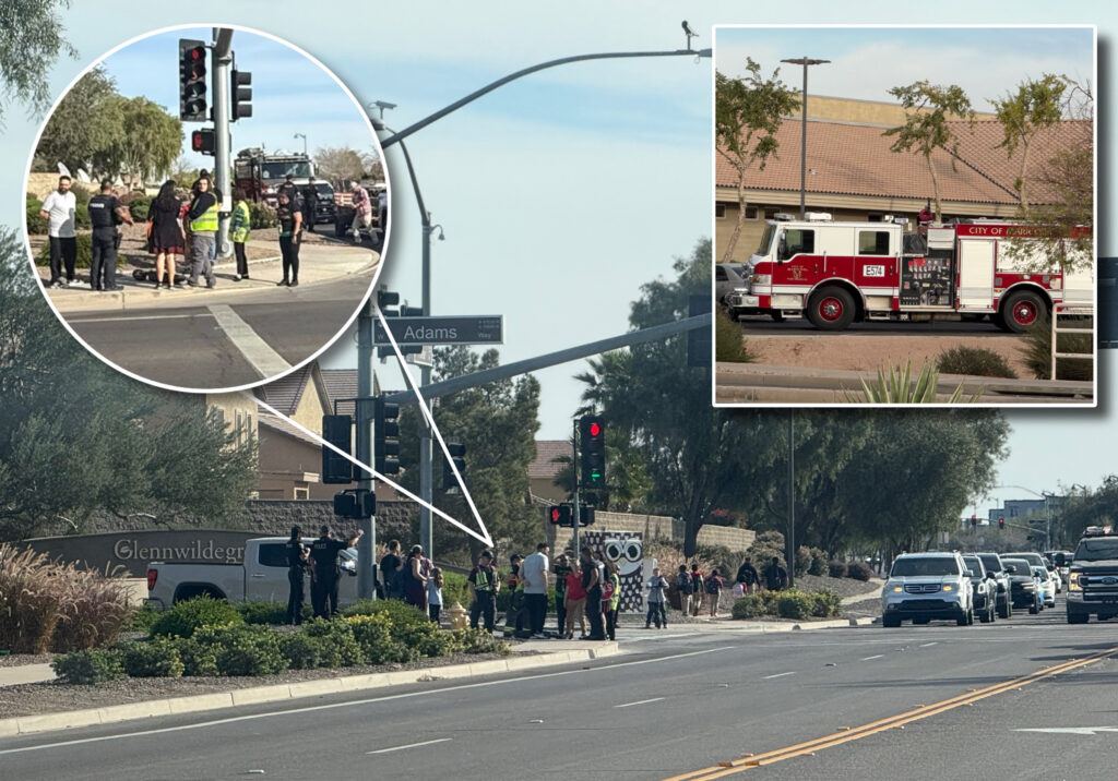 Thursday’s crash at Adams Way and Porter Road, where a 12-year-old on a scooter was struck while crossing with a guard. Inset: Maricopa Fire and Medical crews respond Tuesday to Butterfield Elementary School after a separate reported crash. [David Iversen]