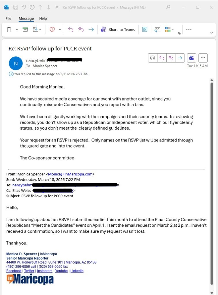 A screenshot of an email correspondence between InMaricopa reporter Monica Spencer and event organizer Nancy Behm. [InMaricopa]