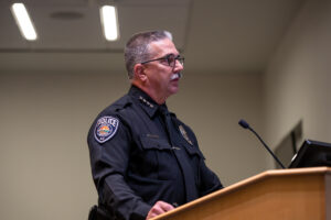 Maricopa Police Chief Mark Goodman speaks to Maricopa City Council while presenting his department's annual report on April 7, 2026. [Monica D. Spencer]