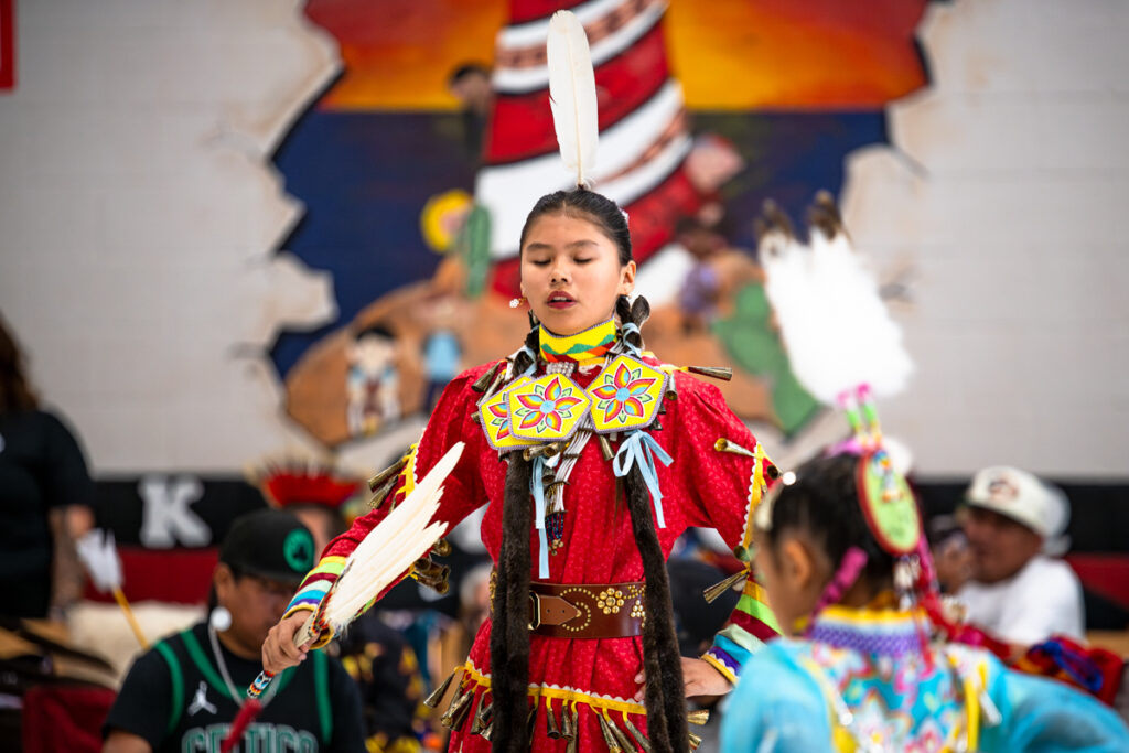 A dancer dressed in jingle dress regalia, dances during Maricopa Elementary School PTO's inaugural social powwow on May 2, 2026. [Monica D. Spencer]