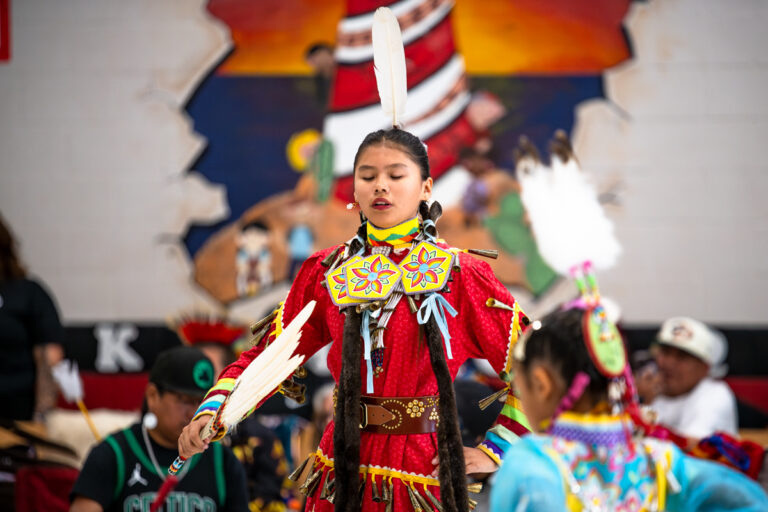 A dancer dressed in jingle dress regalia, dances during Maricopa Elementary School PTO's inaugural social powwow on May 2, 2026. [Monica D. Spencer]