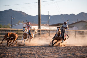 RJ Ruiz and Elvenee Dees practice roping at their Hidden Valley home on May 9, 2026. [Monica D. Spencer]