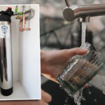 A photo of a custom-made Glacier Springs Water system, layered over a photo of person washing a cup in a sink. [Glacier Springs Water, Cotton Bro Studio]