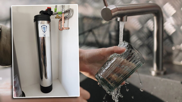 A photo of a custom-made Glacier Springs Water system, layered over a photo of person washing a cup in a sink. [Glacier Springs Water, Cotton Bro Studio]