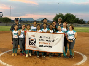 Members of Maricopa Little League girls 12U All-Star softball team celebrate their District 4 win on June 16, 2026. [Maricopa Little League]