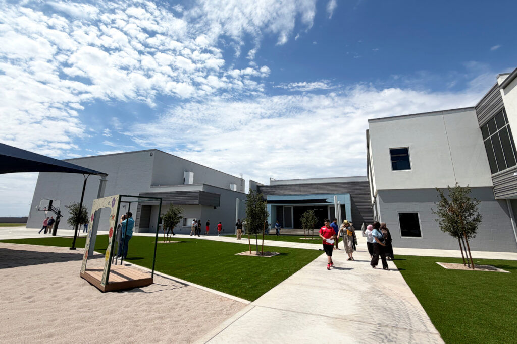 Student tour guides lead a group through the Alma Farrell Innovation Academy campus in Sorrento on July 20, 2026. [Karen Bartunek]