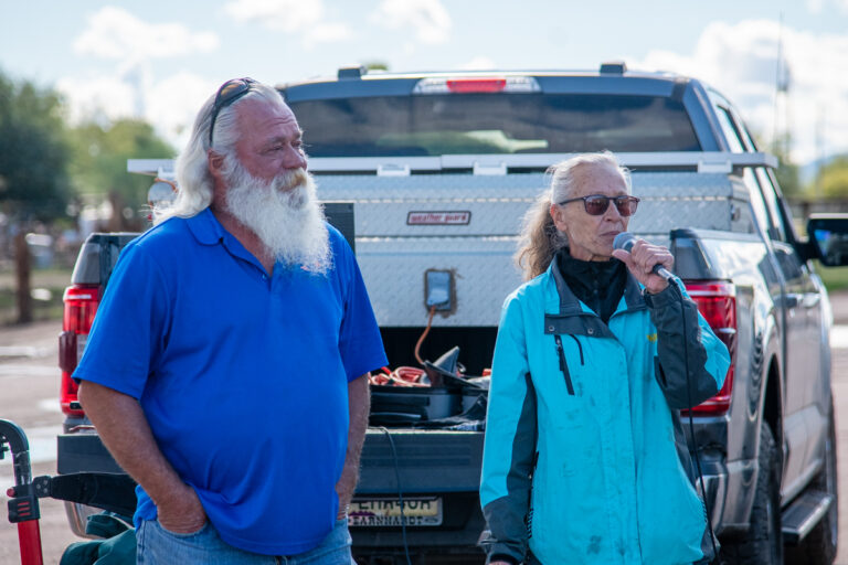 Maricopa Pantry co-founders Jim and Alice Shoaf speak to a small crowd at the food bank's groundbreaking of its permanent location in Hidden Valley on Nov. 20, 2025. [Monica D. Spencer]