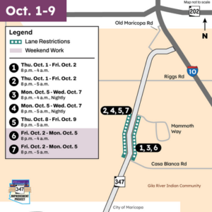 A map showing lane restrictions on State Route 347 planned for Oct. 1-9, 2026. [Arizona Department of Transportation]