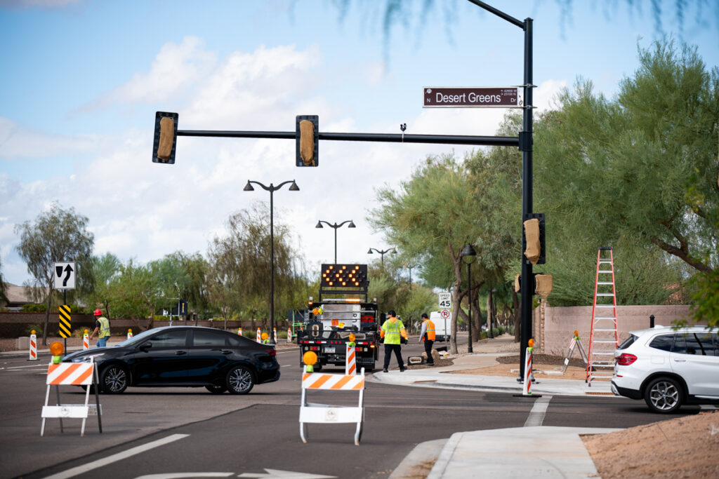 A view of construction on the new traffic lights at Desert Greens Drive and Smith-Enke Road on Oct. 12, 2026. [Monica D. Spencer]