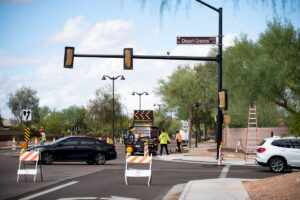 A view of construction on the new traffic lights at Desert Greens Drive and Smith-Enke Road on Oct. 12, 2026. [Monica D. Spencer]
