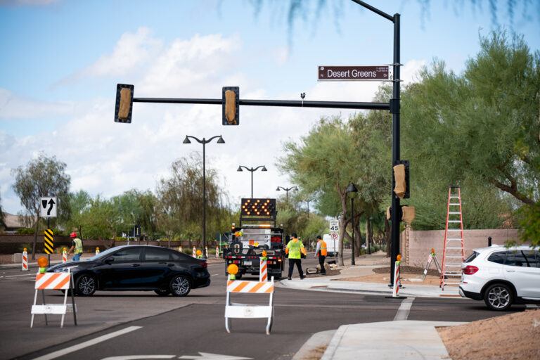 A view of construction on the new traffic lights at Desert Greens Drive and Smith-Enke Road on Oct. 12, 2026. [Monica D. Spencer]