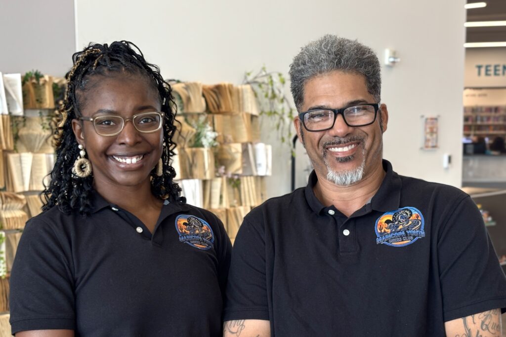 Kevelyn Tellez and Fernando Fortuno of Piece of Life chess club stand for a photo inside Maricopa Library and Cultural Center on Oct. 10, 2026. [Monica D. Spencer]