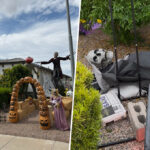 A before and after photo of the decorations at the Villalpandos home in Rancho Mirage. Their Halloween decorations were among the many dismantled by extreme winds last week. [Submitted]
