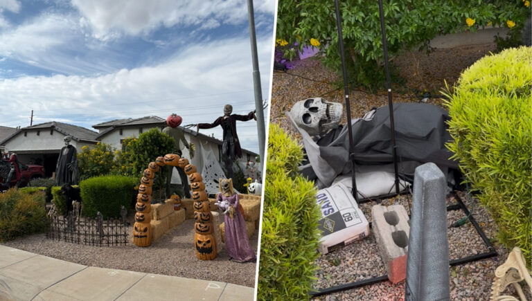 A before and after photo of the decorations at the Villalpandos home in Rancho Mirage. Their Halloween decorations were among the many dismantled by extreme winds last week. [Submitted]