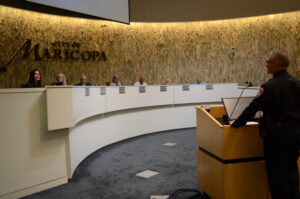 Maricopa Police Chief Mark Goodman speaks to the city council on Oct. 20, 2026. [Jordan Gerard]