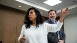 Rep. Teresa Martinez stands with David French of ADWR at the Arizona Capitol on Jan. 30, 2026. Inset: A box of produce Martinez handled while volunteering at the Maricopa Pantry. [Monica D. Spencer, Teresa Martinez]