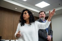 Rep. Teresa Martinez stands with David French of ADWR at the Arizona Capitol on Jan. 30, 2026. Inset: A box of produce Martinez handled while volunteering at the Maricopa Pantry. [Monica D. Spencer, Teresa Martinez]