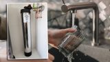 A photo of a custom-made Glacier Springs Water system, layered over a photo of person washing a cup in a sink. [Glacier Springs Water, Cotton Bro Studio]
