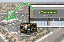 A graphic showing Panera Bread's location on the northeast corner of John Wayne Parkway and Honeycutt Avenue with images from a sign design drawing. [City of Maricopa]