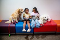 Therapy dog Honey sits with twins Perla and Victoria Ruiz Luna, 8, during a reading session at Maricopa Library and Cultural Center on Sept. 9, 2026. [Monica D. Spencer]