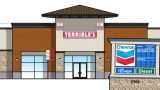 A graphic shows images from a comprehensive sign plan submitted for Terrible's includes Chevron branding. [City of Maricopa]