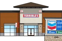 A graphic shows images from a comprehensive sign plan submitted for Terrible's includes Chevron branding. [City of Maricopa]