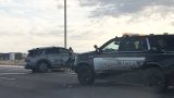 A Maricopa police vehicle sits next to a damaged vehicle in a crash on John Wayne Parkway and Honeycutt Avenue on Sept. 16, 2026. [InMaricopa]