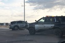 A Maricopa police vehicle sits next to a damaged vehicle in a crash on John Wayne Parkway and Honeycutt Avenue on Sept. 16, 2026. [InMaricopa]