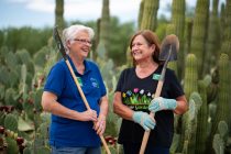 Harriet Phelps and Wende Gehrt, Pinal County Master Gardeners, stand in front of cactus on Sept. 17, 2026. [Monica D. Spencer