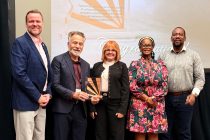 Ron Angerame, Tena Dugan and Shawnte Rothschild accept the Arizona Transportation Partnering Excellence Award on behalf of Maricopa's 347 Facts Committee at the Arizona Conference on Roads and Streets in Tucson on Sept. 24, 2026. [Ron Angerame]