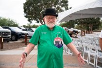Councilmember Bob Marsh wears a large voting button during a ribbon cutting ceremony on Oct. 10, 2026. [Monica D. Spencer]