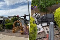 A before and after photo of the decorations at the Villalpandos home in Rancho Mirage. Their Halloween decorations were among the many dismantled by extreme winds last week. [Submitted]