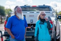 Maricopa Pantry co-founders Jim and Alice Shoaf speak to a small crowd at the food bank's groundbreaking of its permanent location in Hidden Valley on Nov. 20, 2025. [Monica D. Spencer]